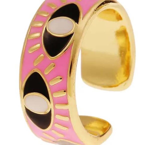 PINK ENAMEL BLACK EXPRESSIVE EVIL EYE 18K GOLD CLAD RING 50 - Picture 1 of 2